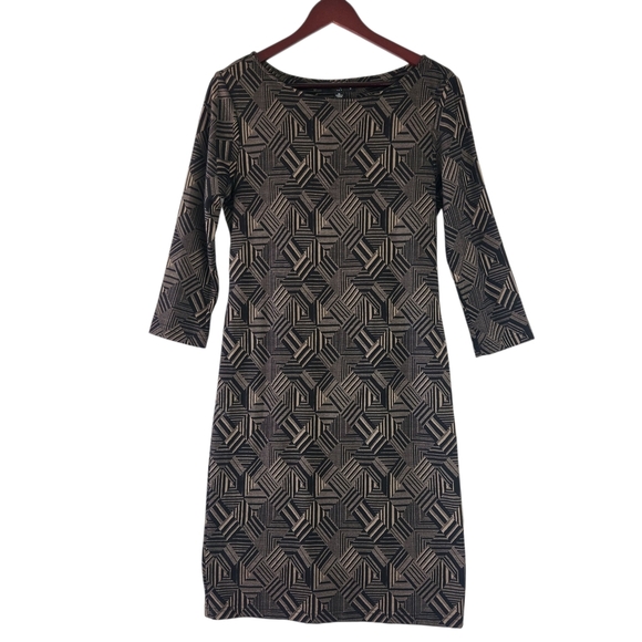 Sharagano Black and Tan Bodycon Geometric Midi Dress Size 10 - Picture 2 of 11